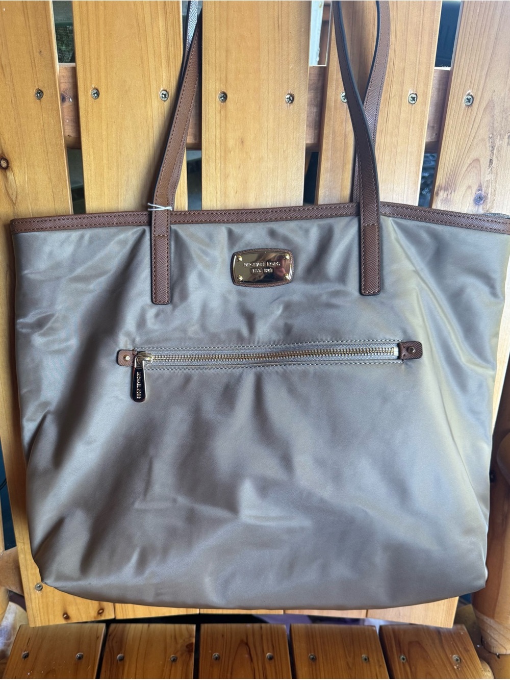 Michael Kors Taupe Tote with Brown Trim and Gold Plaque